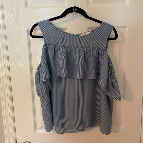 SO Blue&White Off the Shoulder Striped Blouse - Picture 1 of 6